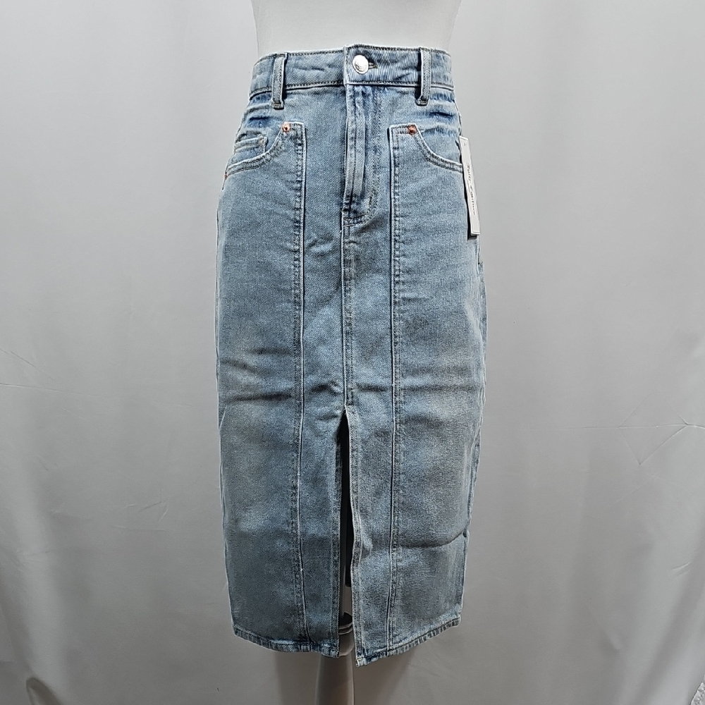 NWT Juicy Couture Denim Midi Skirt Blue Light Wash Size 26 Front Slit